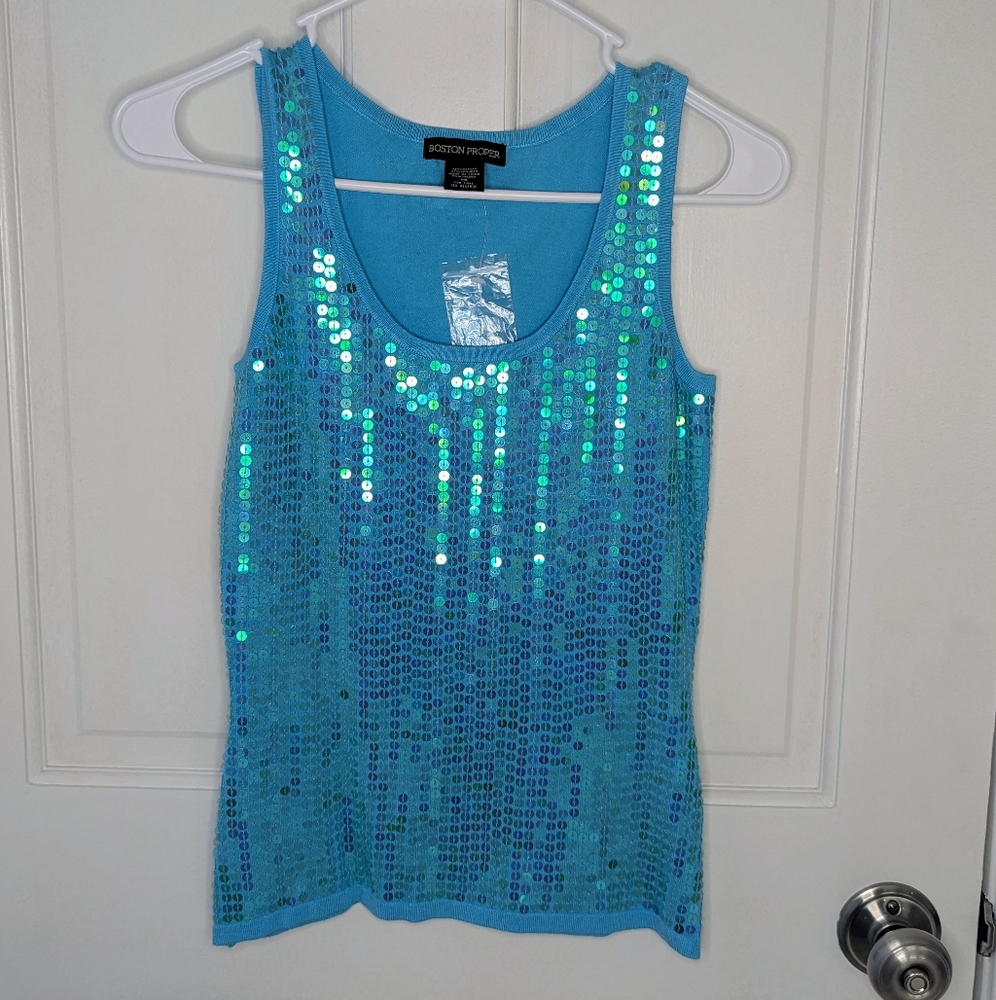 Boston Proper Light Blue Sequin Top Size XS